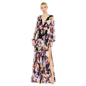Mac Duggal 55660 Floral Flowy Chiffon Side Slit Dress Size 4 $498